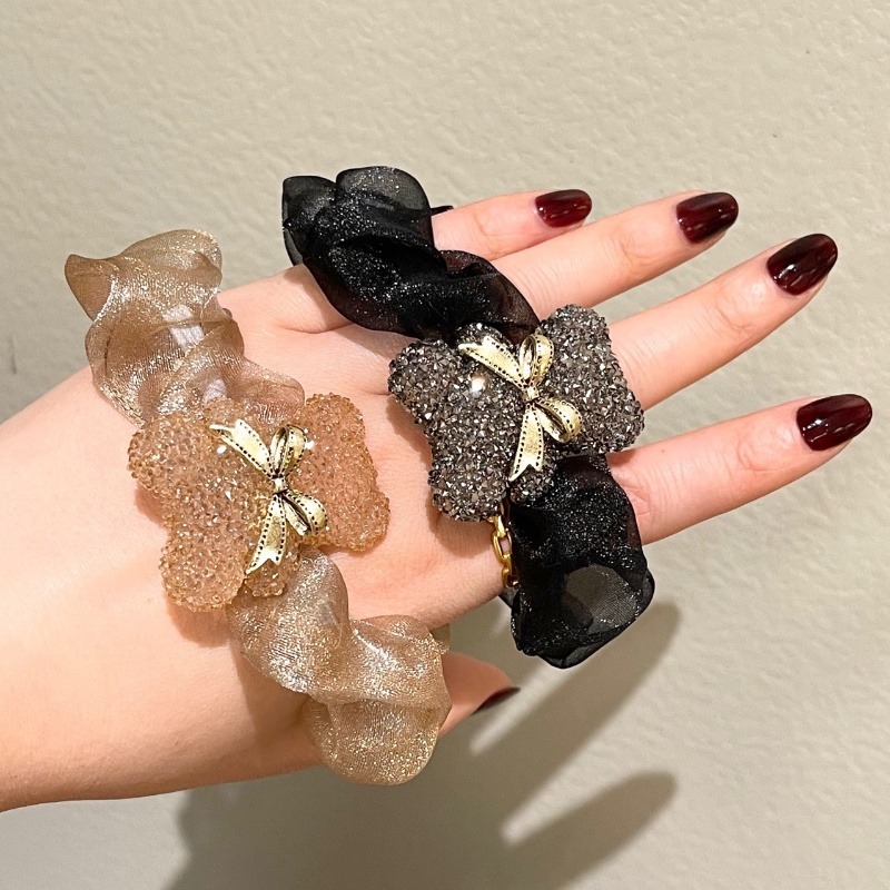 Ahellogirl Dây Buộc Tóc Co Giãn Hình Gấu Đính Đá Lưới Hàn Quốc Cho Nữ