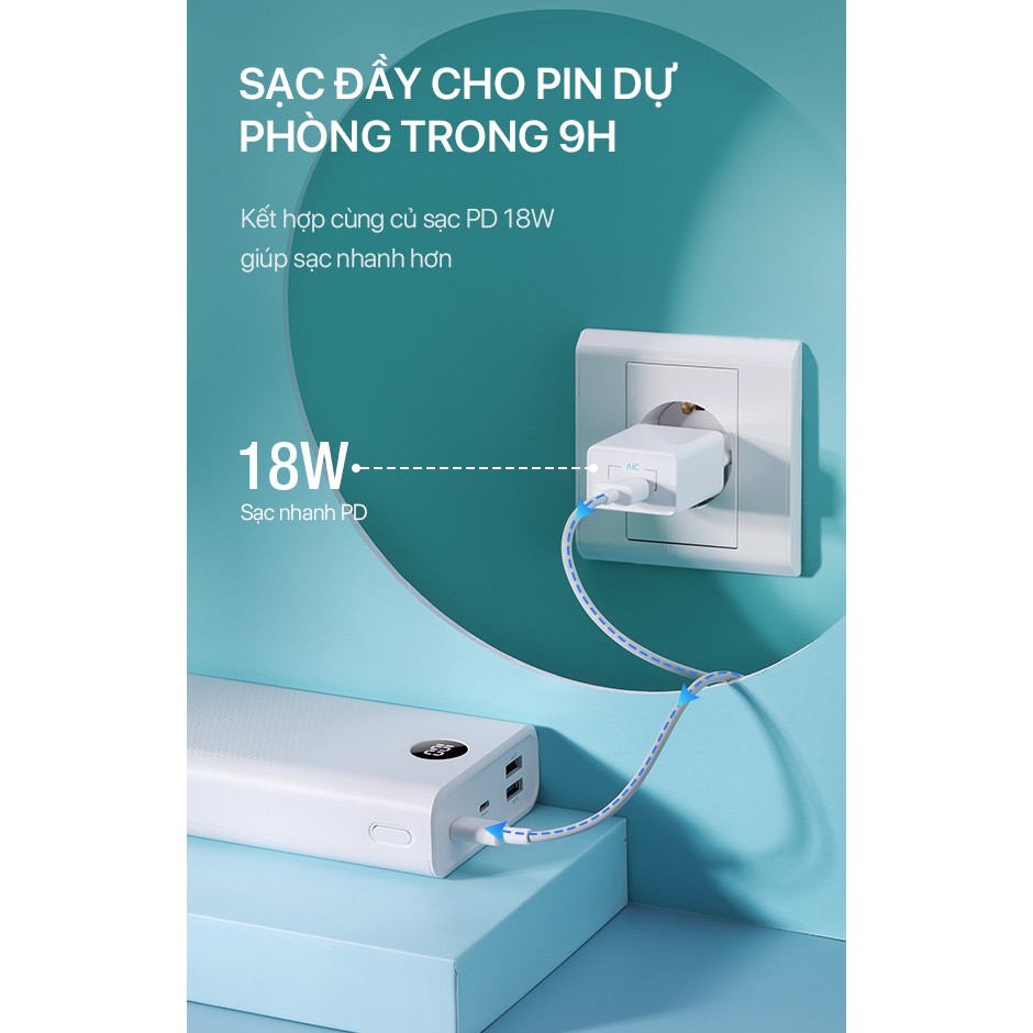 Pin Sạc Dự Phòng 30.000mAh ROBOT RT30 Dung Lượng Lớn Sạc Nhanh PD/QC 3.0 Công Suất 22.5W 3 Cổng Sạc Ra