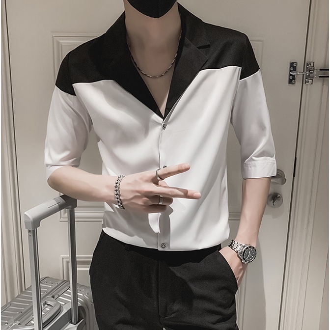 Áo sơ mi nam trắng phối đen Classic Cổ Vest, sơmi phong cách Hàn Quốc lịch lãm SH032
