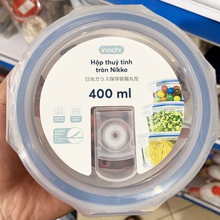 Hộp Thuỷ Tinh Tròn Cao Cấp Kháng Khuẩn Đựng Thực Phẩm Inochi Nikko 400ml