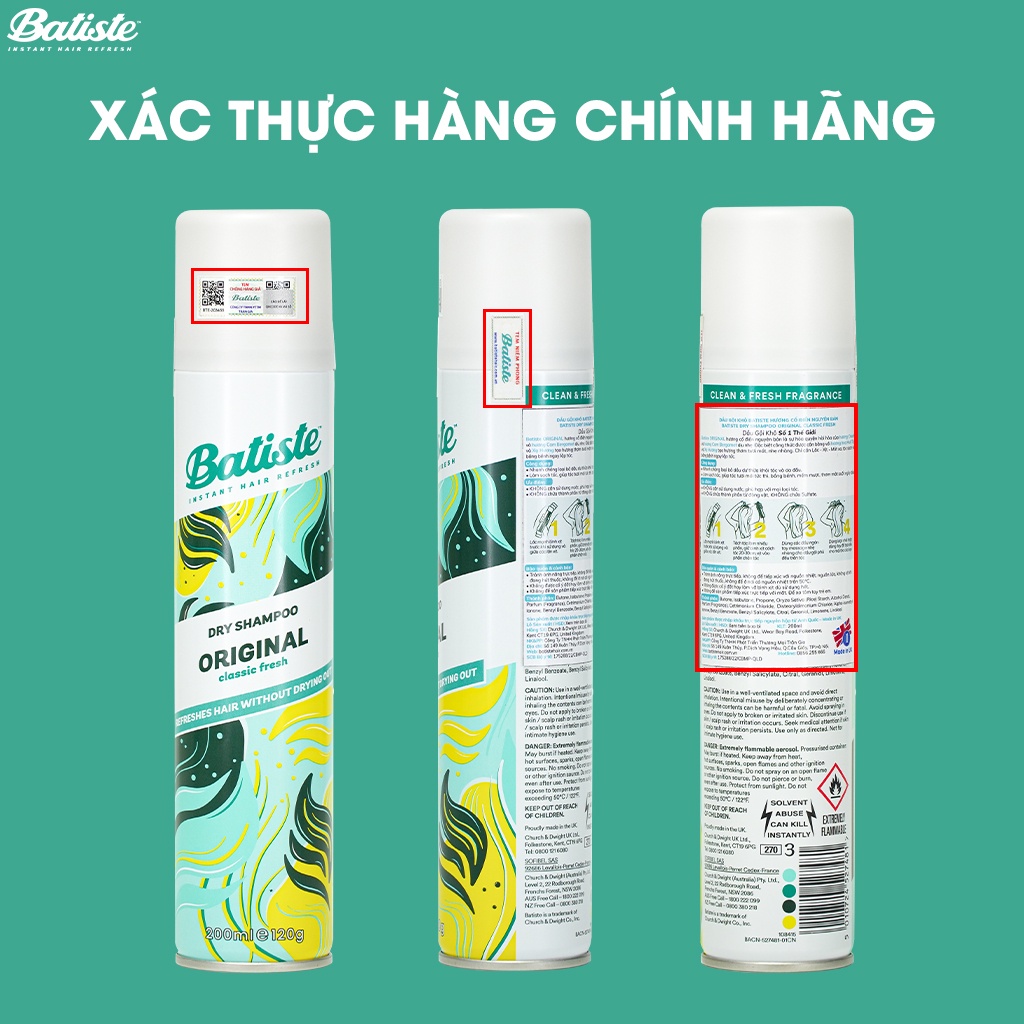 Dầu gội khô BATISTE 200ml, Gội khô cho tóc bồng bềnh tức thì, Dầu gội đầu khô hết ngứa hết bết dính khó chịu, Hazuka