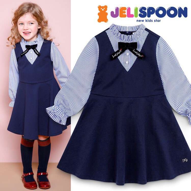 Đầm thun da cá phối vải tay dài Jelispoon cho bé gái 5-10T D1135