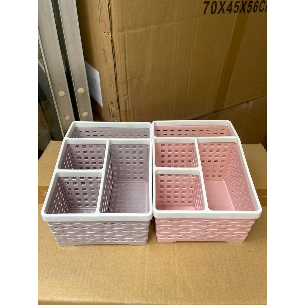 ( 2 Size ) Khay nhựa Đựng Đồ Chữ Nhật Đa Năng 4 Ngăn Việt Nhật - Khay đựng mỹ phẩm bút, tài liệu chia ngăn