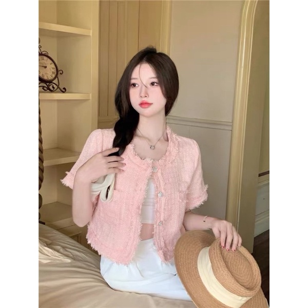 Áo khoác ngoài dạ tweed cúc sang chảnh croptop áo cổ tròn lửng xinh xắn hàn quốc