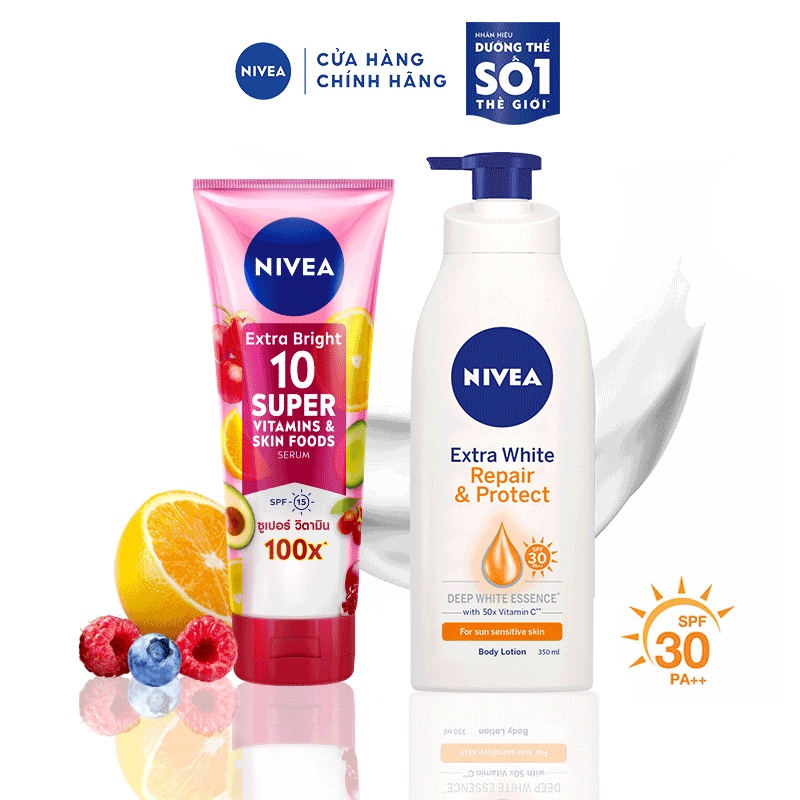 Bộ đôi dưỡng thể NIVEA  chống nắng &amp; làm sáng da: Serum dưỡng thể 10 Super Vitamin &amp; Dưỡng thể chống nắng ban ngày