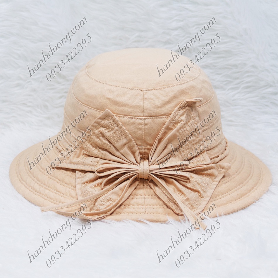 Nón bo vành rộng 7cm mũ tai bèo vành tròn gắn nơ rích rắc, vải cotton cao cấp của AT phù hợp cho nữ
