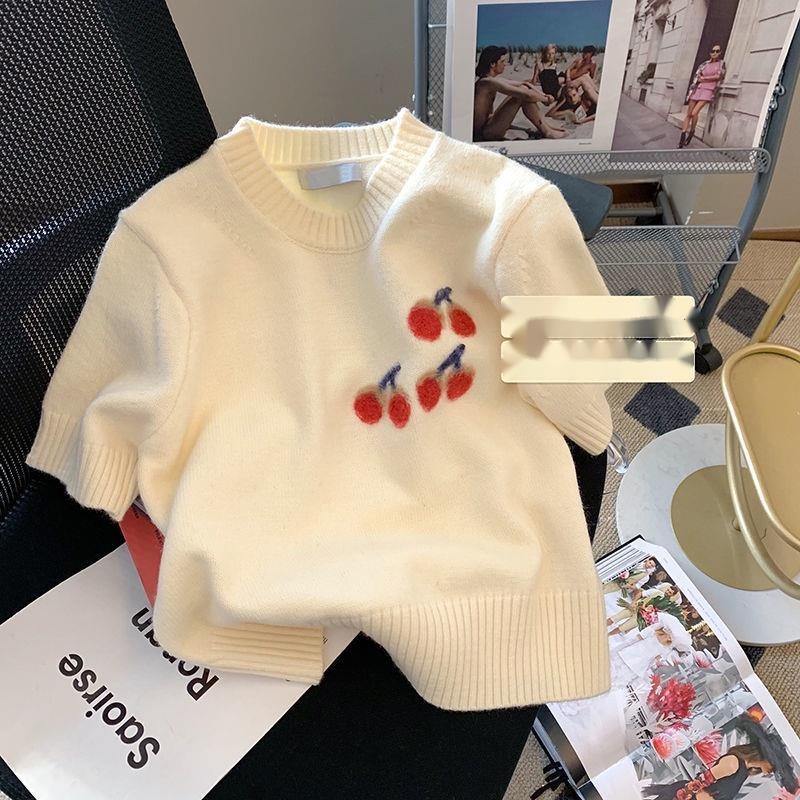 Áo sweater Pure Cube ngắn tay in hình quả anh đào phong cách mùa xuân dành cho nữ