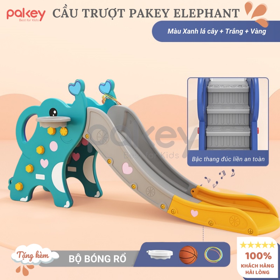 Cầu trượt voi Pakey, cầu trượt cho bé TẶNG KÈM BÓNG RỔ + NÉM VÒNG, nâng cấp bậc khép kín an toàn