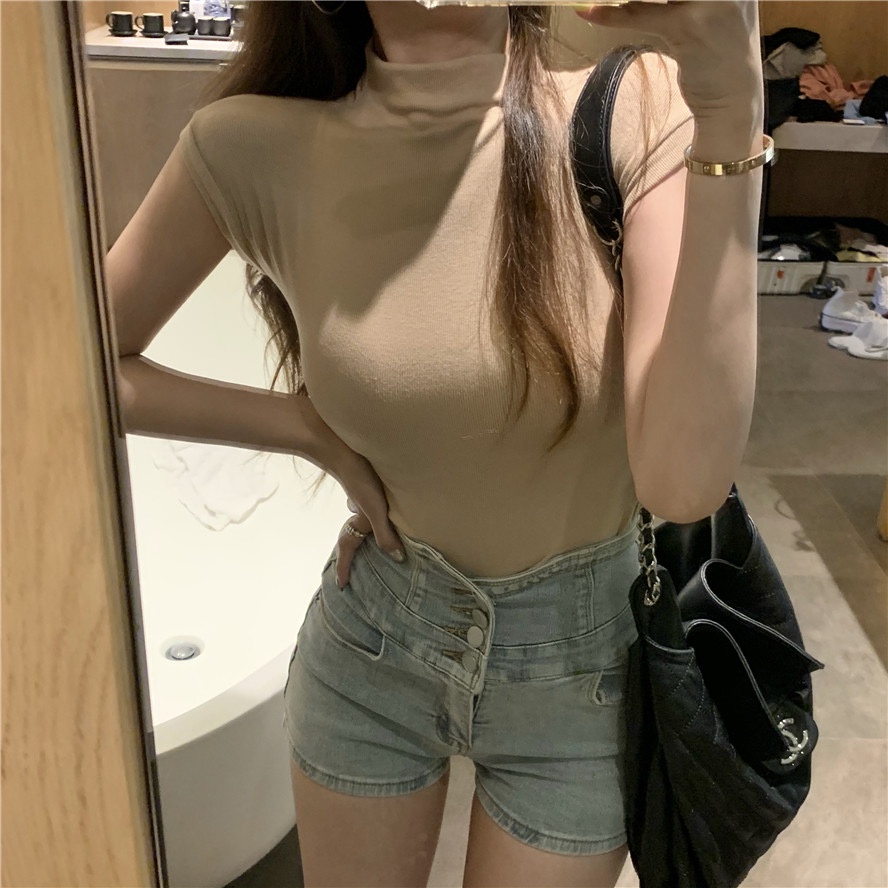 SUXI Áo Thun Tay Ngắn Cổ Lọ Màu Sắc Trơn Dáng Ôm Thời Trang Mùa Hè Dành Cho Nữ