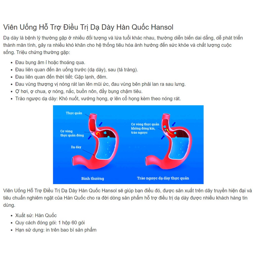 Chống trào ngược dạ dày - Hansol hỗ trợ dạ dày Hàn Quốc - Hàng chính hãng