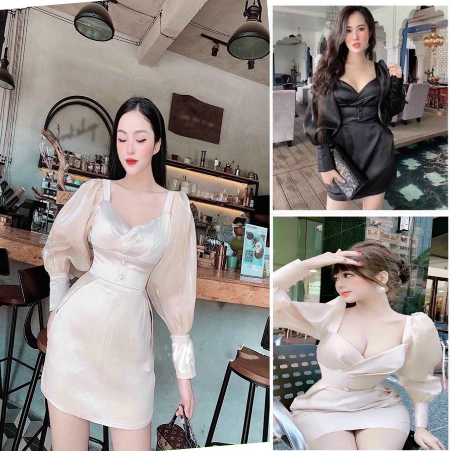 Đầm dự tiệc nữcúp ngực 2 nút bọc tay voal dài nhẹ nhàng cực dễ thương