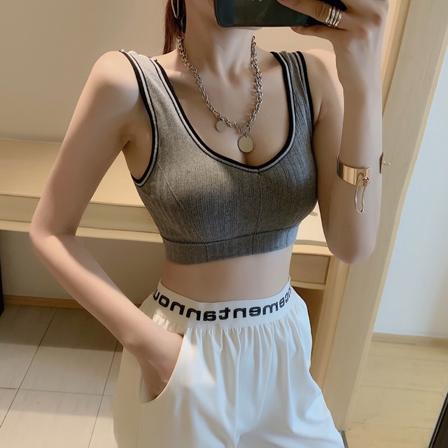 Áo bra tập Gym và Yoga dáng croptop, áo tập thể thao viền kẻ vai bản + kèm mút nâng ngực
