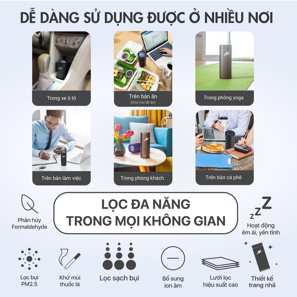 Máy Lọc Không Khí Ô Tô AP - Lọc Không Khí Và Khử Mùi Ô Tô, Xe Hơi, Văn Phòng, Phòng Ngủ với Lõi Lọc 3 Lớp Cải Tiến