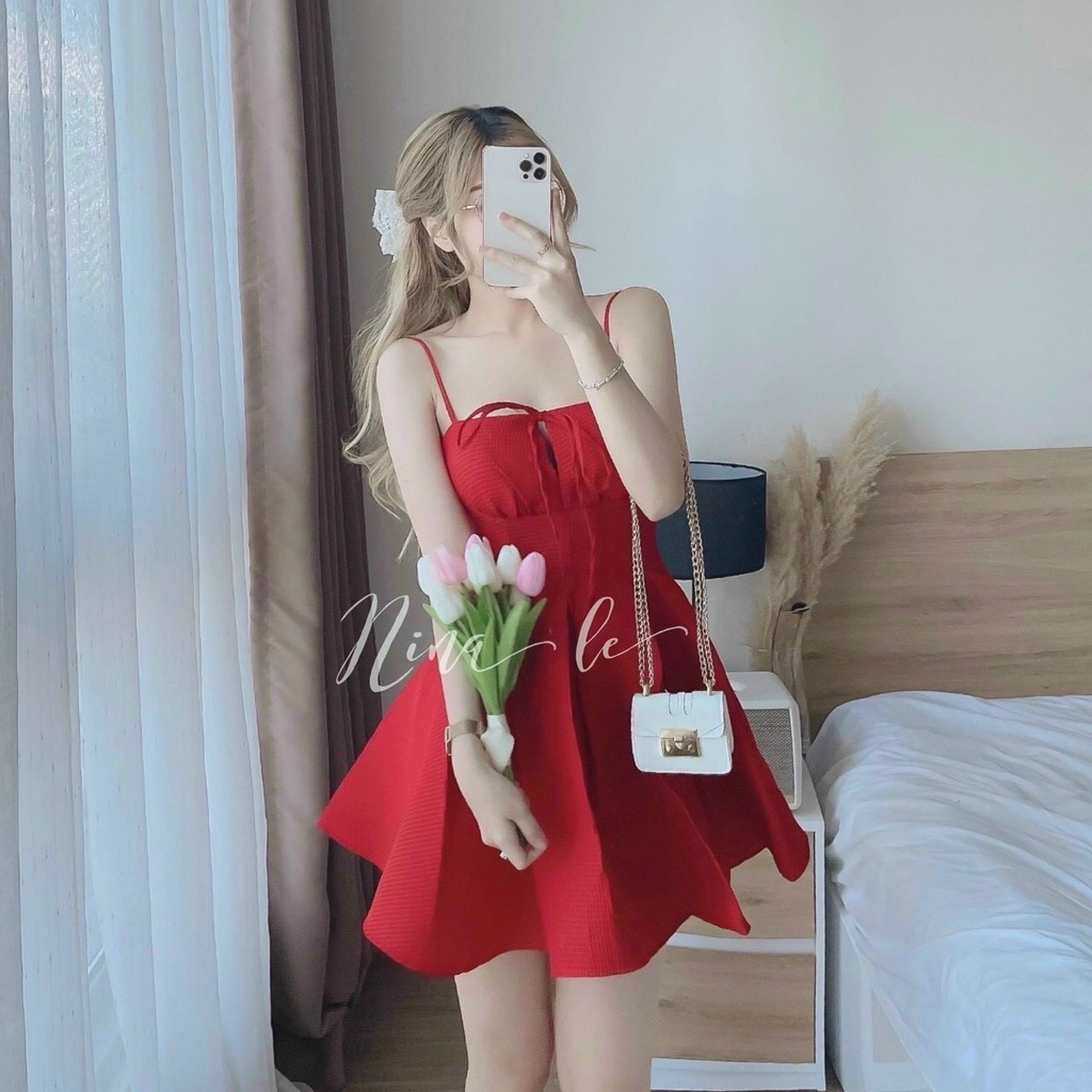 [ 8.8 Sales Freeship] Đầm 2 dây xốp dáng xòe cột nơ ngực cực xinh, đầm xòe tiểu thư nhiều màu đi tiệc quyến rũ