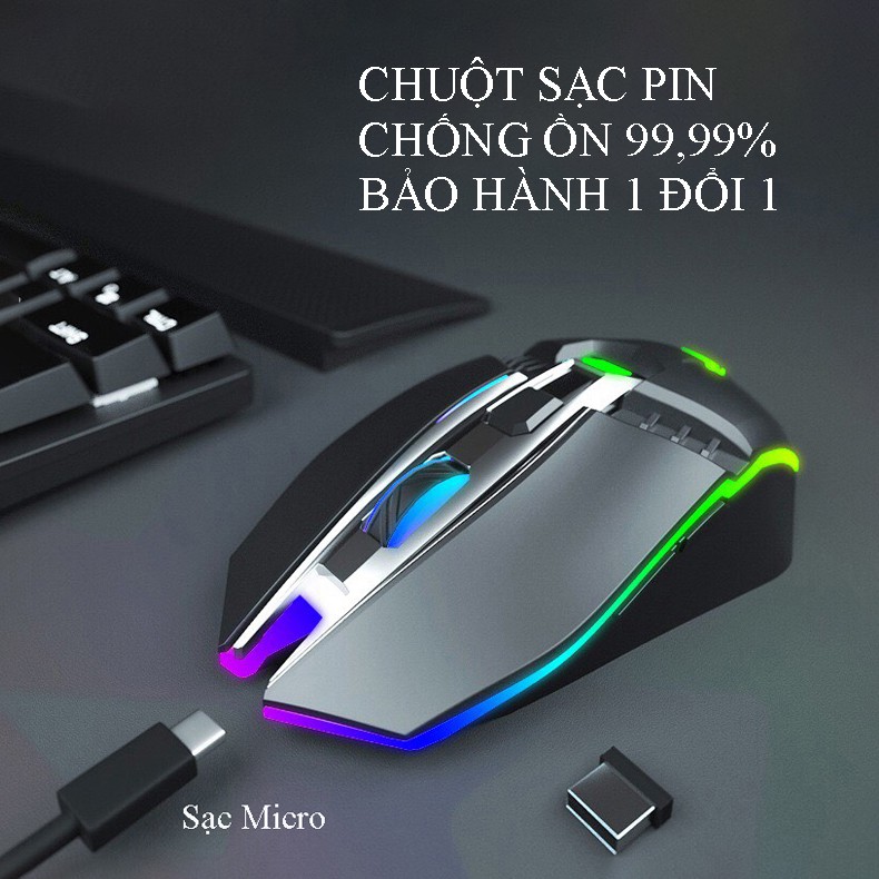 Chuột không dây sạc pin Basic, chuột ko dây phím chống ồn, đèn led chuyển màu