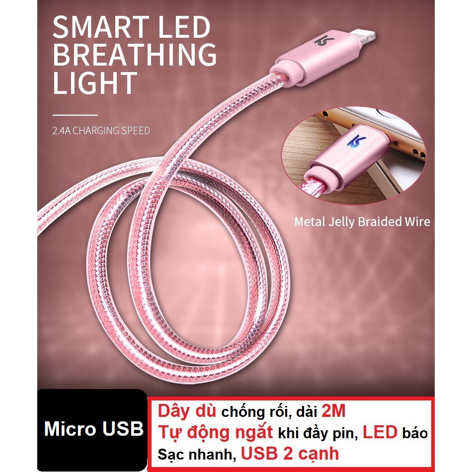 Cáp sạc nhanh Micro USB tự ngắt khi đầy pin Android - Hãng KAKU - Dây dù 2m - Sạc nhanh - LED báo - USB 2 cạnh