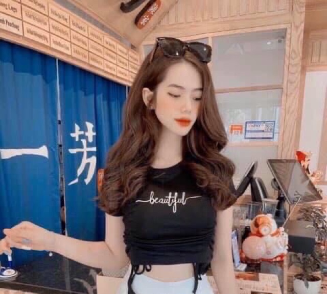 Áo croptop dây rút 2 bên thêu beautiful