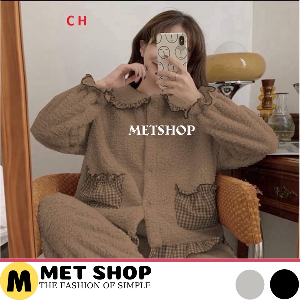 Đồ nữ ngủ mùa đông bộ đồ ngủ lông cừu phối viền caro ulzzang, sét bộ ngủ hàn quốc cổ sen khuy cài ấm áp- METSHOP