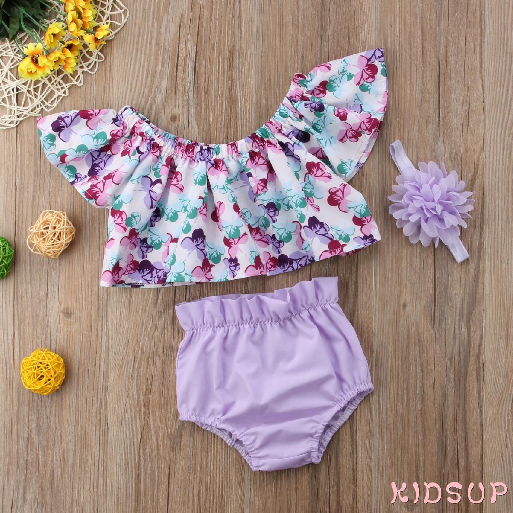 Bộ Trang Phục 3 Món Gồm Áo Trễ Vai + Quần Dài In Hoa + Băng Đô Thời Trang Mùa Hè Cho Bé Gái