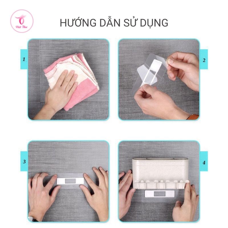 Kệ bàn chải đánh răng nhà tắm dán tường siêu chắc Việt Thư 2 cốc, 3 cốc, 4 cốc lúa mạch kèm máy nhả kem