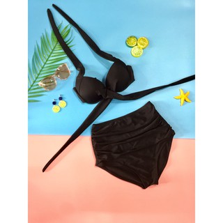 Bikini hai mảnh đen buộc chéo có gọng mặc đi bơi đi biển đẹp