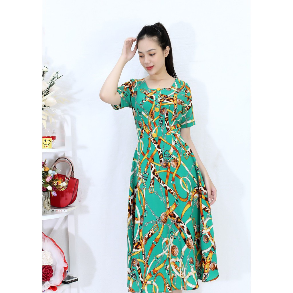 Đầm Xòe MÀU XANH HỌA TIẾT XINH XẮN VINTAGE sang chảnh - Vải von hàn cao cấp quý tộc