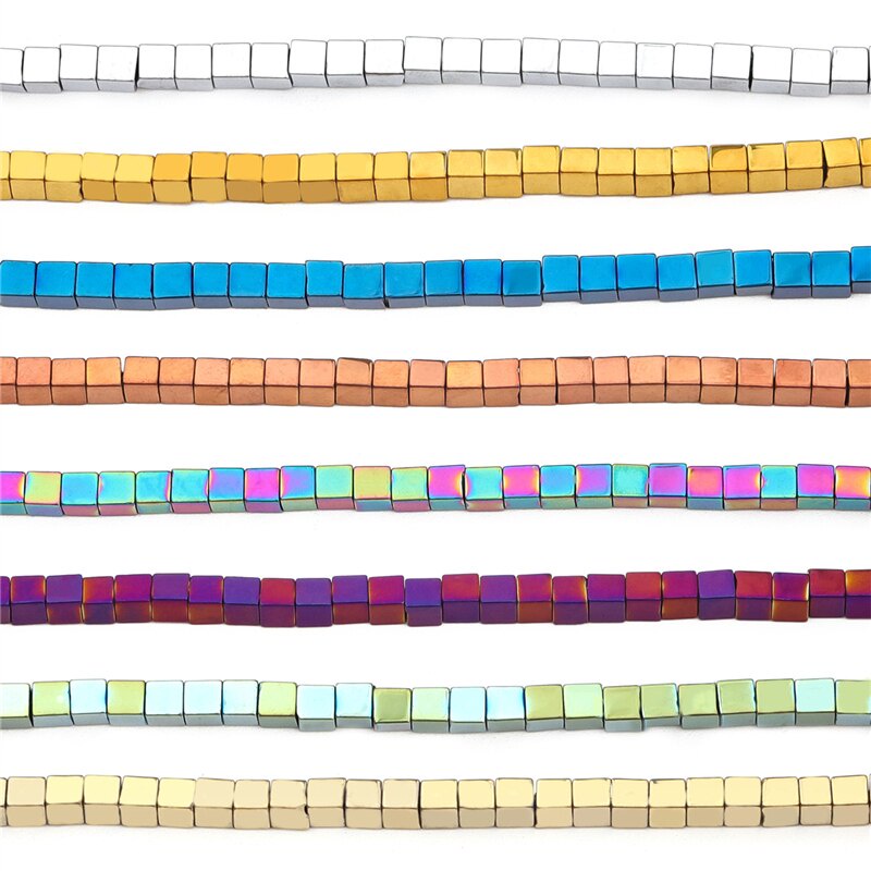 Hạt đá tự nhiên hematit khối lập phương mạ nhiều màu tráng gương dùng đồ trang sức 15&quot;