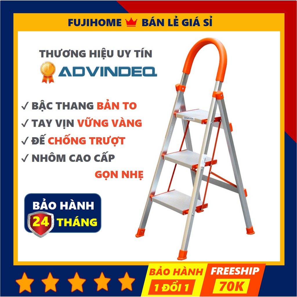 [BH 24 THÁNG] Thang nhôm ghế tay vịn chữ a 3 bậc gấp xếp gọn ADVINDEQ ADS-703, thang nhôm chữ a gia đình đa năng rút gọn