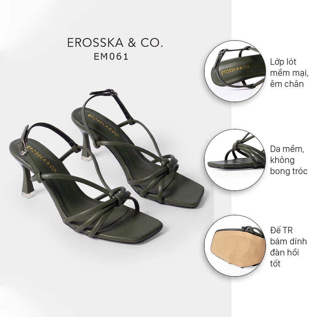 Giày sandal cao gót Erosska mũi vuông phối dây gót nhọn cao 7cm màu xanh rêu EB028