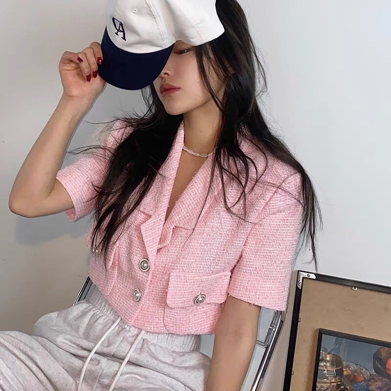 Áo croptop tweed cho nữ dáng ngắn khuy ngọc