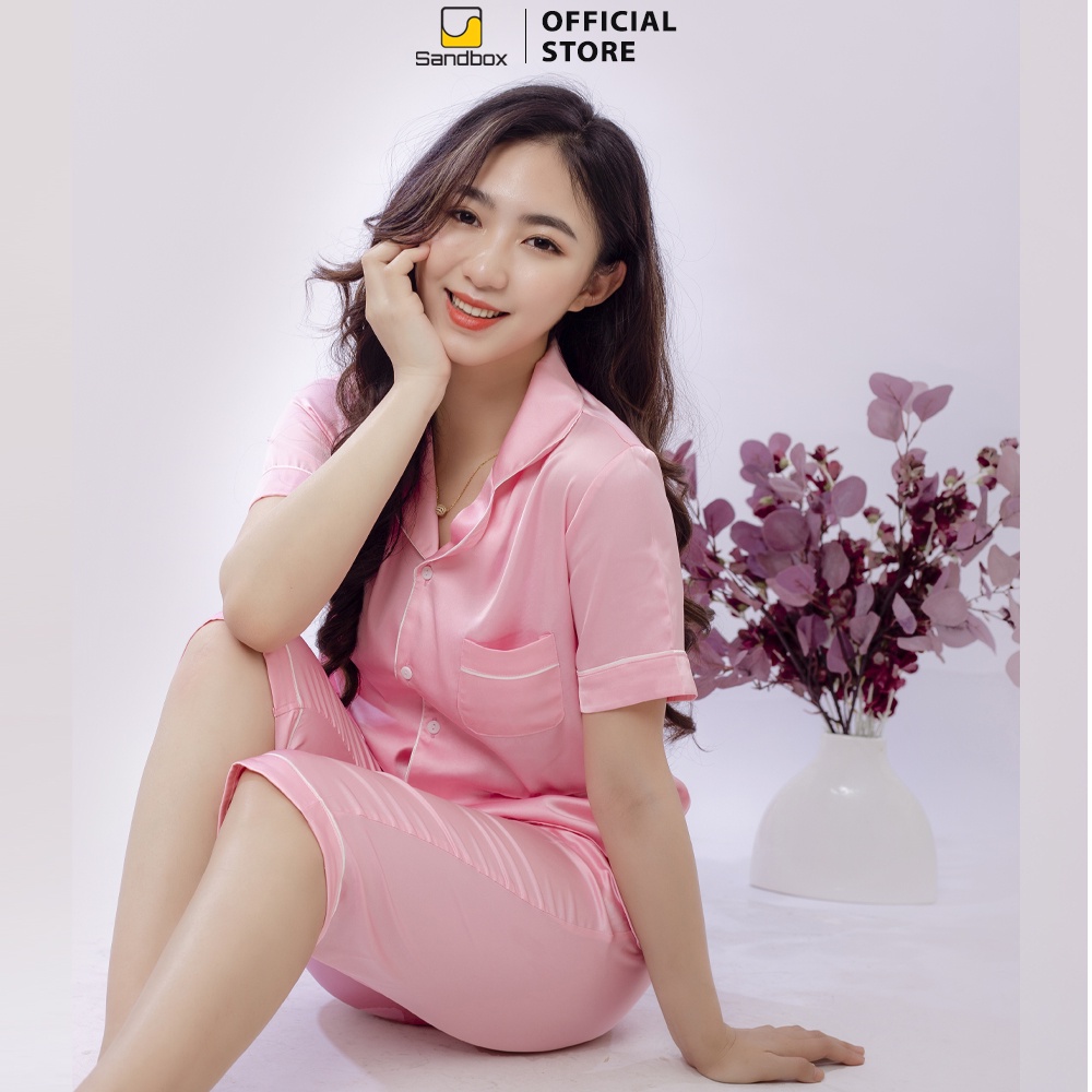 Bộ Pijama Lụa SANDBOX Áo Cộc Tay Quần Lửng Trơn Thiết Kế Tinh Tế, Trẻ Trung
