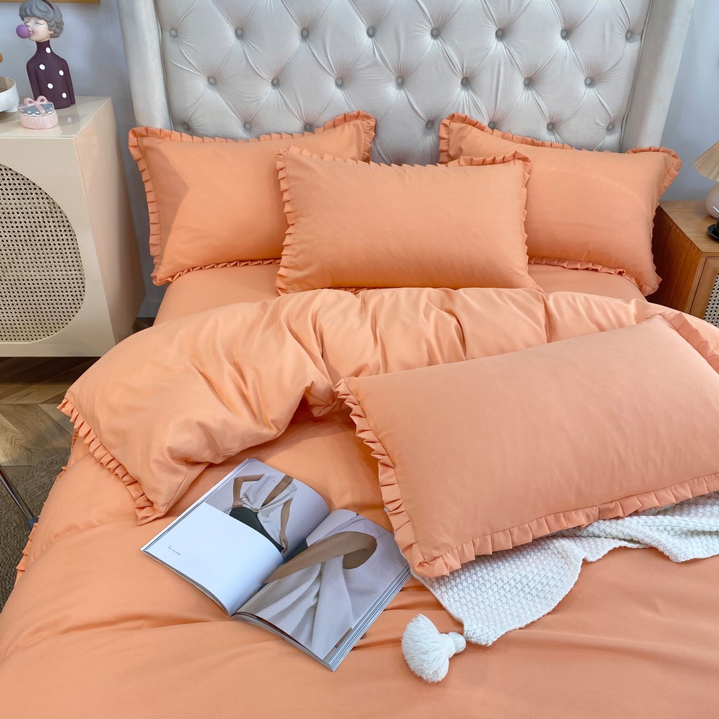 Bộ Chăn Ga Gối Cotton Tici Bèo Lidaco Cao Cấp - Cam Đào