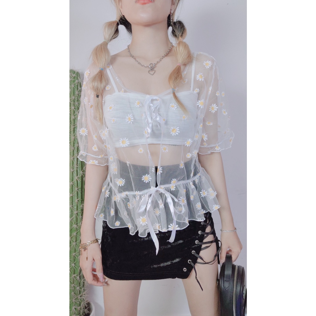 (Ảnh Thật / Sẵn ) Áo Hoa Cúc Lưới mỏng tặng kèm Áo 2 dây Dollahouse | BigBuy360 - bigbuy360.vn