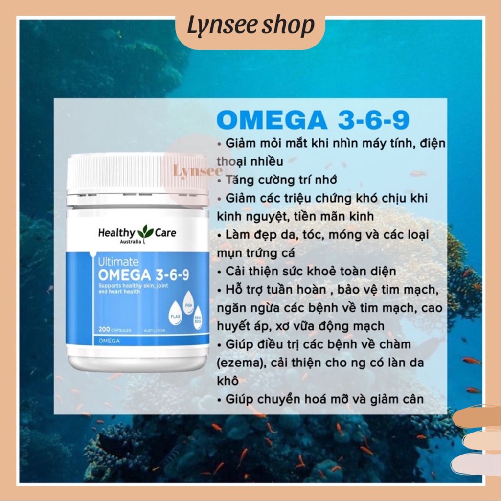Viên Uống Omega 3 6 9 Healthy Care Ultimate, Úc (200v), Dầu Cá Đẹp Da Tay, Hỗ Trợ Tim Mạch - Lynsee Shop