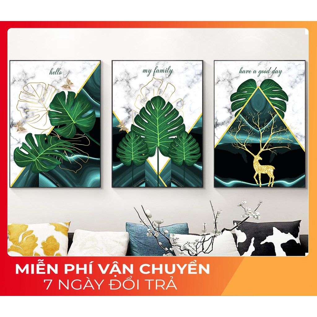 Bộ 3 Tranh Treo Tường 3 Lá Xanh - Tranh canvas treo tường giá rẻ - Tặng kèm đinh 3 chân không cần khoan tường