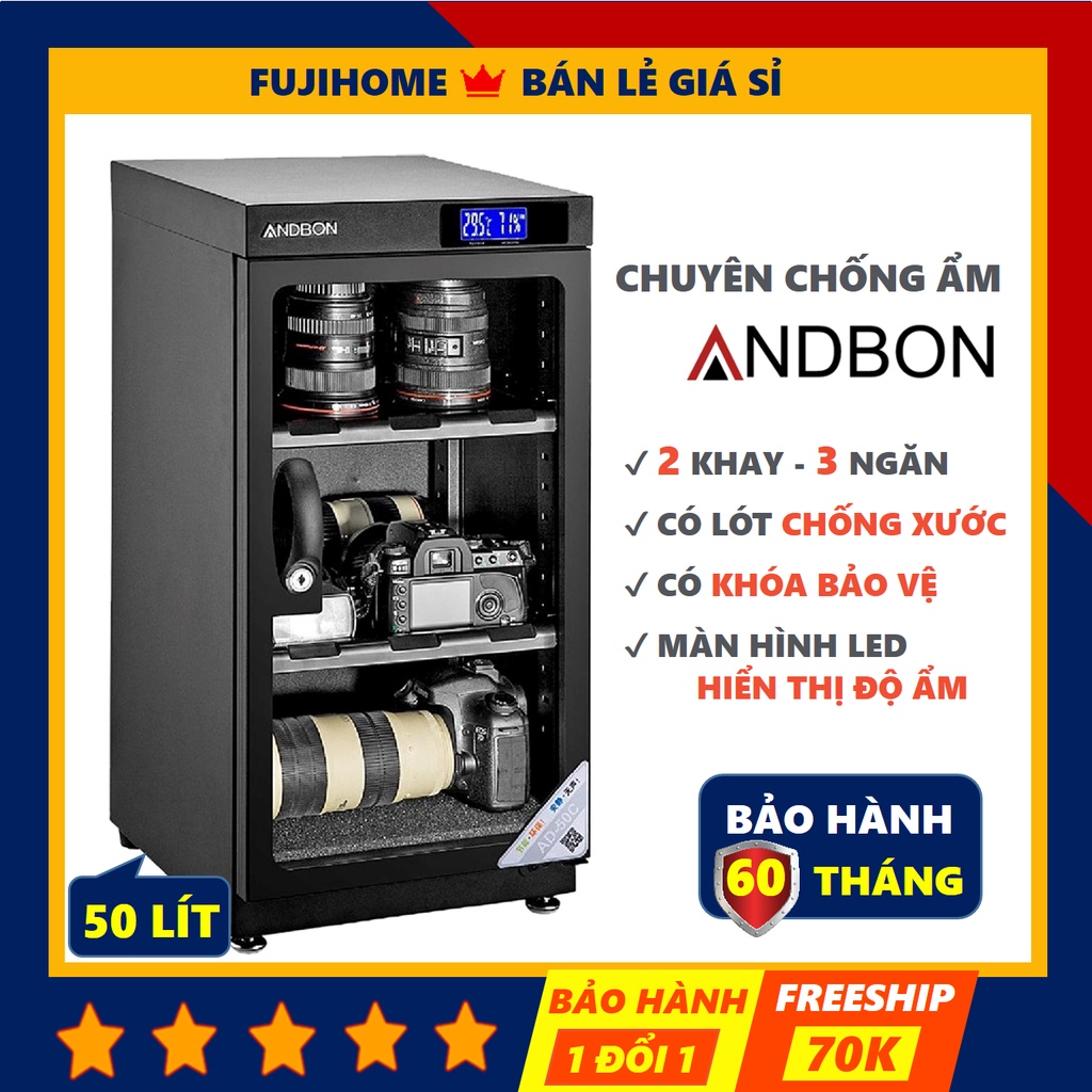 Tủ chống ẩm máy ảnh 50 lít Andbon AD-50C, Tủ hút ẩm máy ảnh 50l ba ngăn công nghệ Nhật Bản tiết kiệm điện giá rẻ