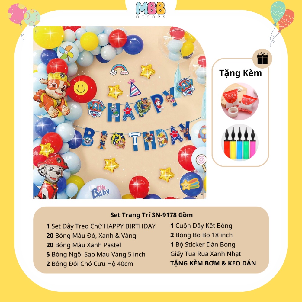 Set Trang Trí Sinh Nhật Bé Trai Bé Gái, Mẫu Đội Chó Cứu Hộ Dễ Thương  - 9178