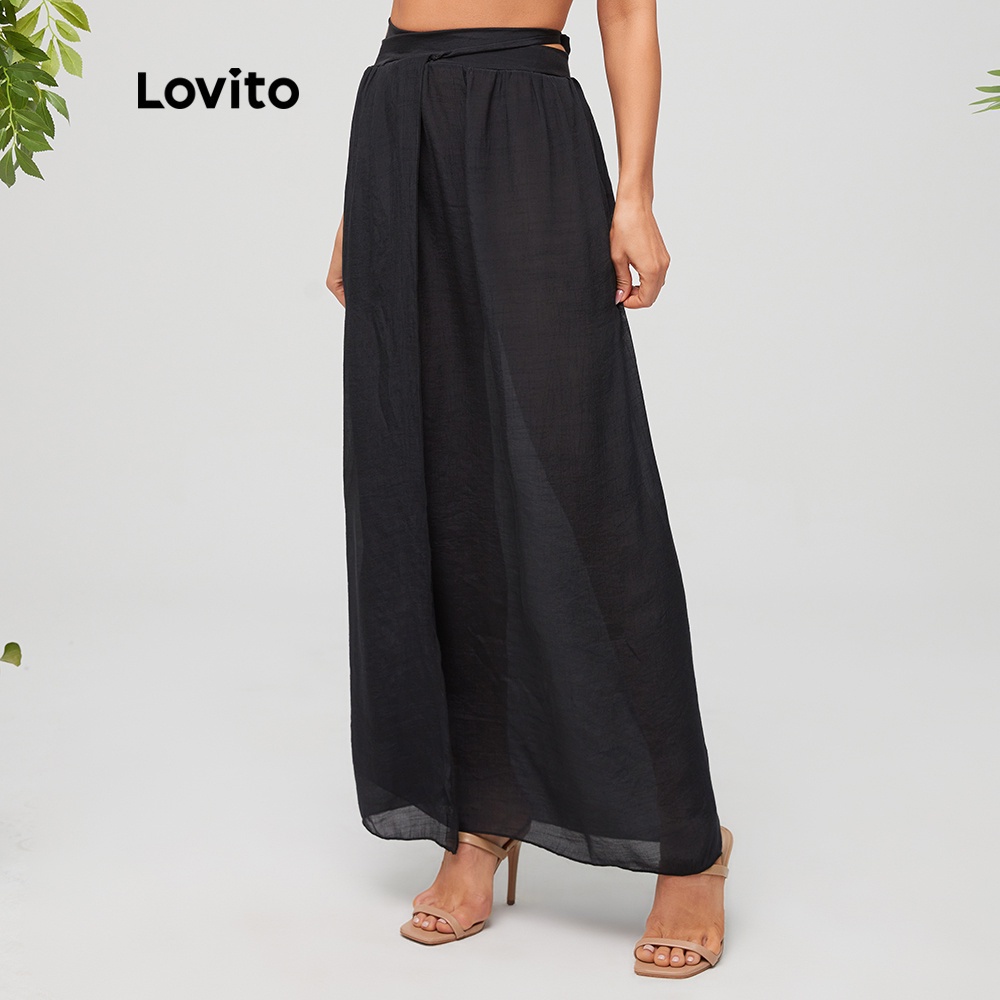 Khăn choàng đi biển Lovito dáng rộng kiểu thắt nút màu trơn phong cách boho L11046 (màu đen)