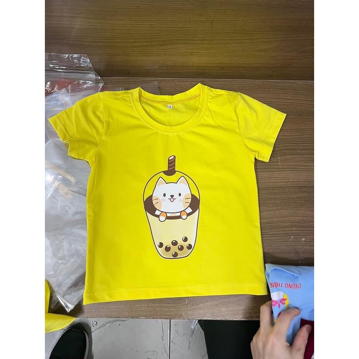 Áo cotton bé gái cổ tròn tay ngắn, in hình trả sữa đáng yêu, đủ size và màu sắc