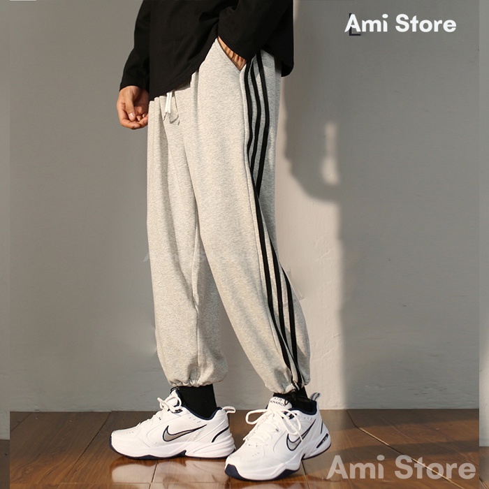 Quần jogger BÓ CHUN unisex Ami Store thể thao  3 sọc nam nữ nỉ thu đông basic pants ulzzang phong cách Hàn quốc