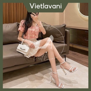 Giày sandal nữ mã PTS49 mũi vuông cao 9cm gót dẹp hàng đẹp sang chảnh trend 2022 có 2 màu trắng và đen
