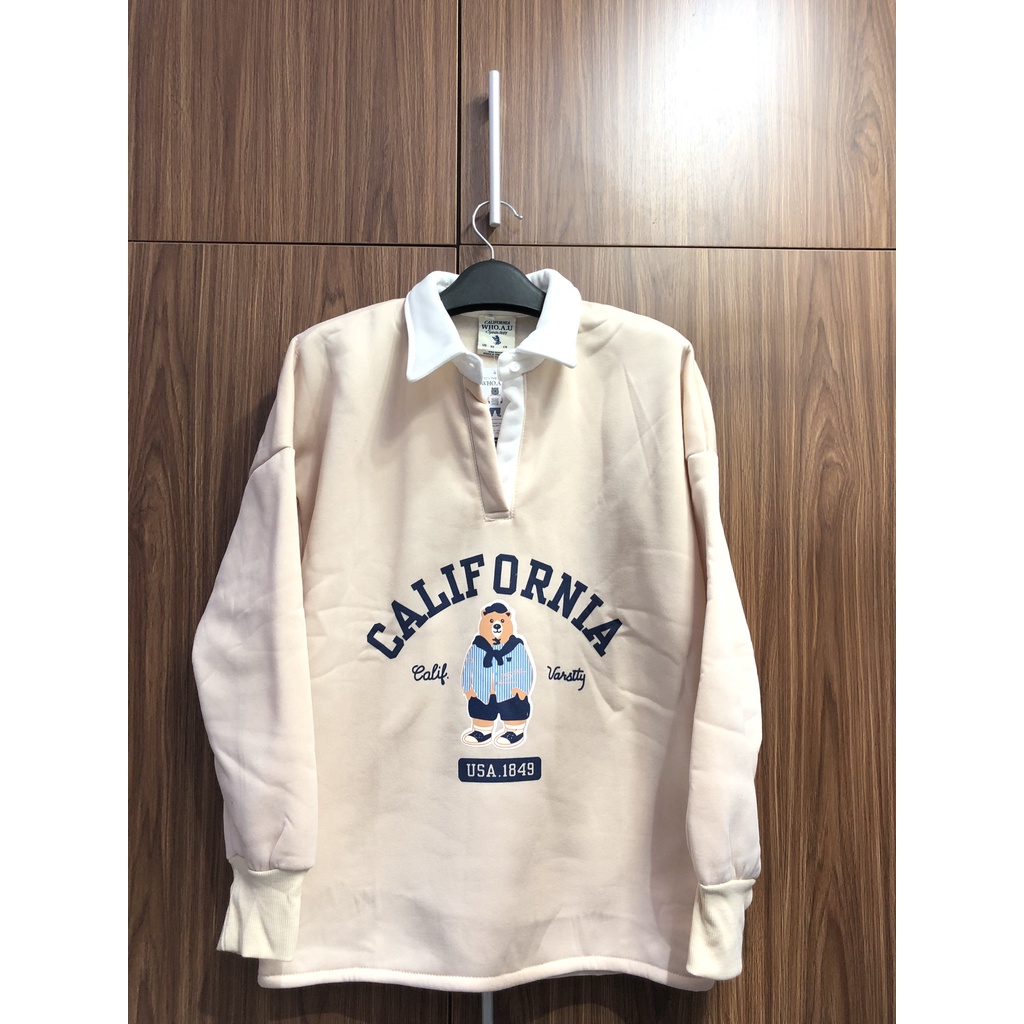 ÁO NỈ GẤU WHOAU CALIFORNIA U.S.A 1849,ÁO NỈ LÓT BÔNG CỔ BẺ DÀI TAY NỮ