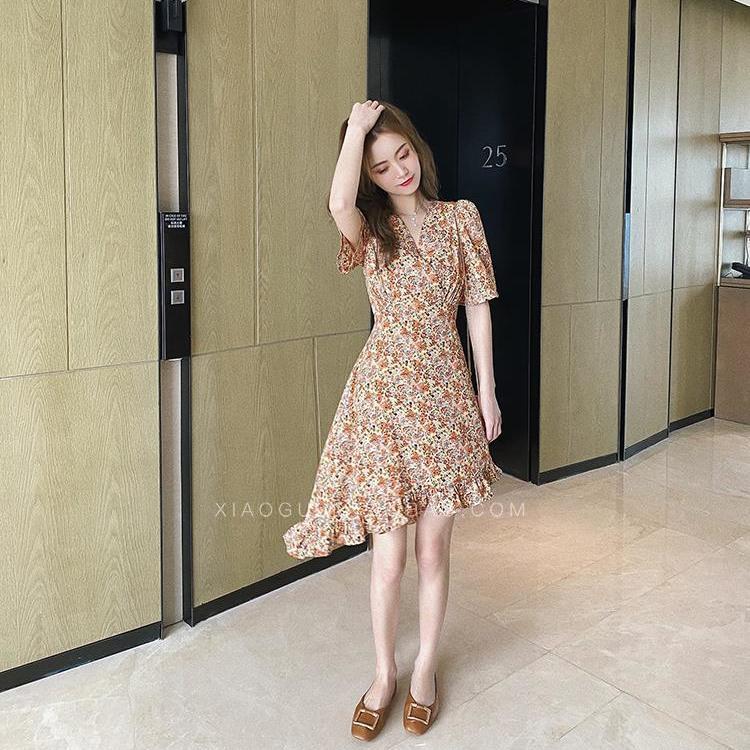 Đầm voan BH hoa ngắn tay cổ chữ V xinh xắn cổ điển dành cho nữ 2020