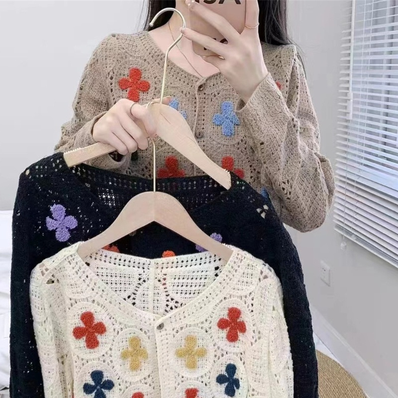 Áo Khoác Cardigan Dệt Kim Tay Dài Cài Nút Thêu Hoa Xinh Xắn Cho Nữ