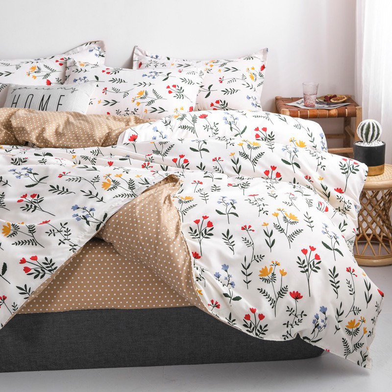 Bộ chăn ga gối Cotton poly M2T bedding Vườn nhỏ, vỏ chăn mền, drap nệm và 2 vỏ gối