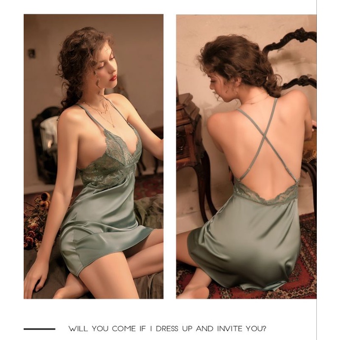 Đầm ngủ lụa sexy chiết eo Váy ngủ gợi cảm 2 dây hở lưng M22
