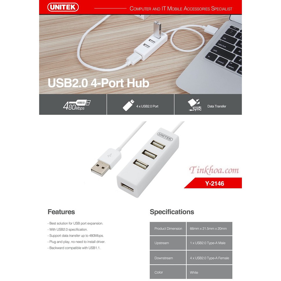 Hub USB 4 cổng 2.0 Unitek y2146