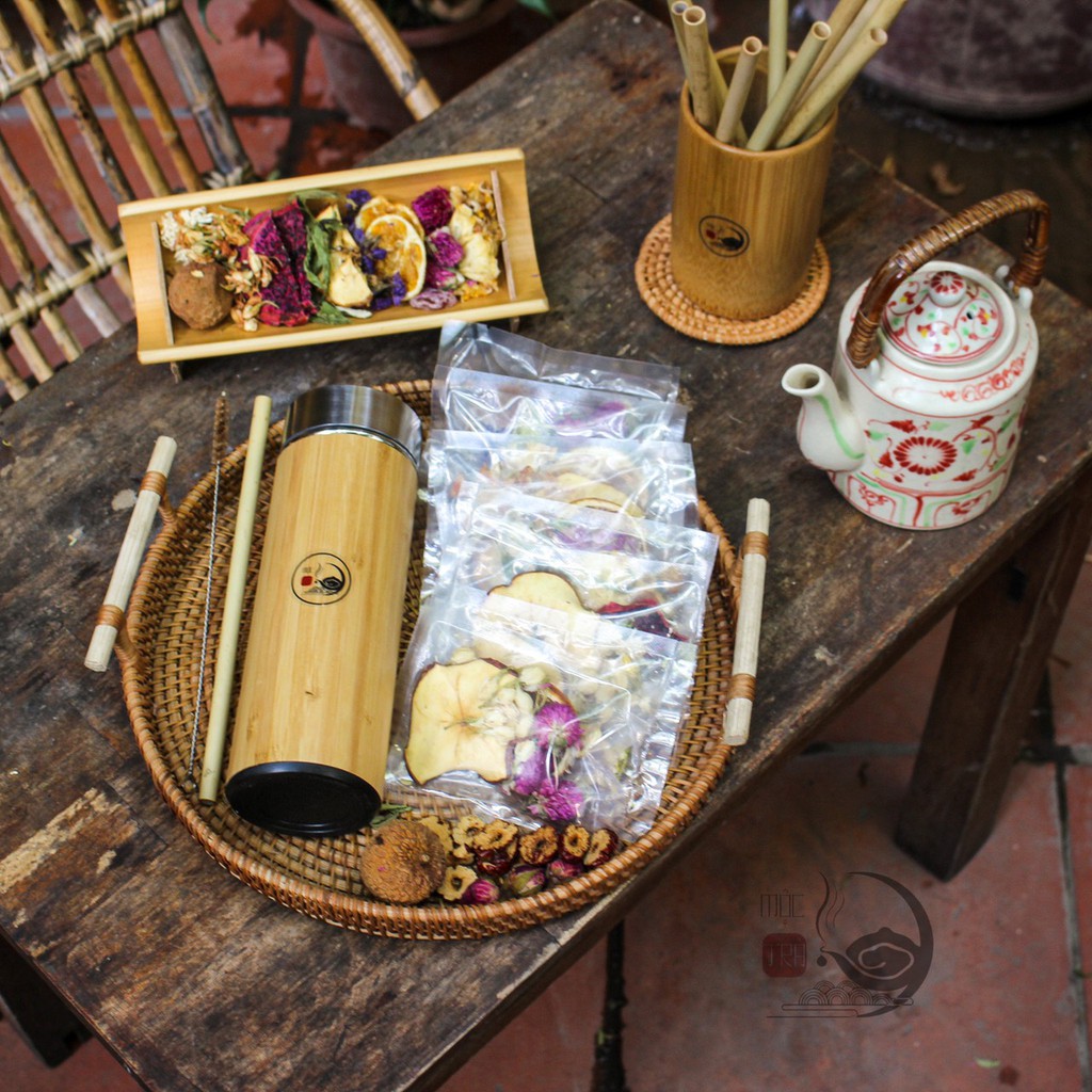 Set bình giữ nhiệt bằng tre + 10 loại Detox trà hoa quả sấy khô nhiều vị + ống hút tre - MỘC TRÀ 98