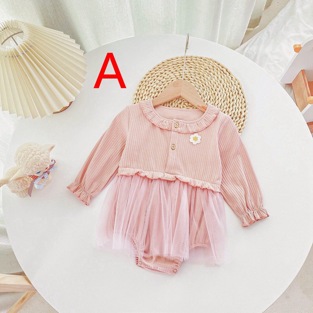 Bộ áo liền quần cotton tay dài phối chân váy lưới dễ thương phong cách công chúa dành cho bé gái