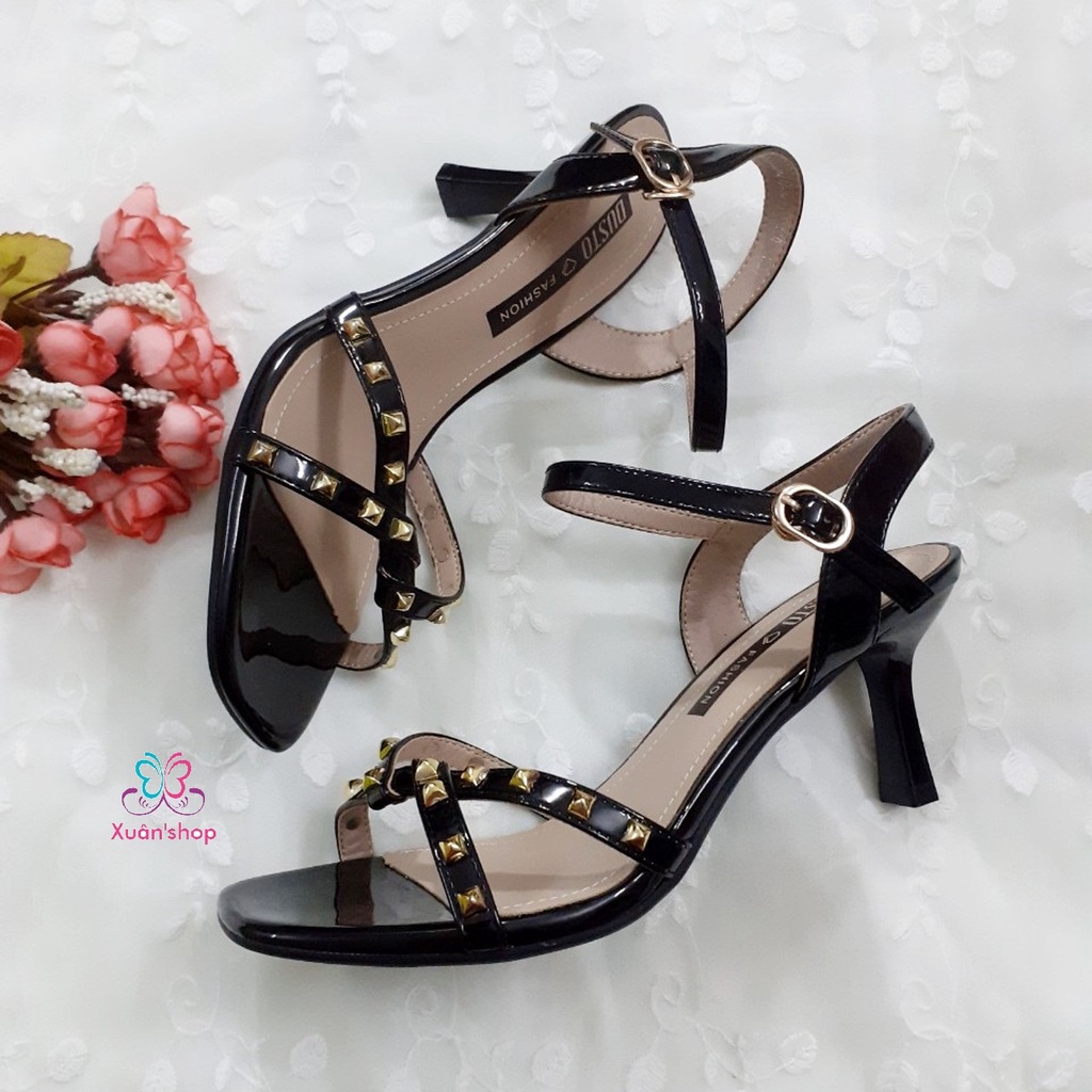 Giày sandal Dusto quai chéo, chất da bóng, gót 7cm (có sẵn)